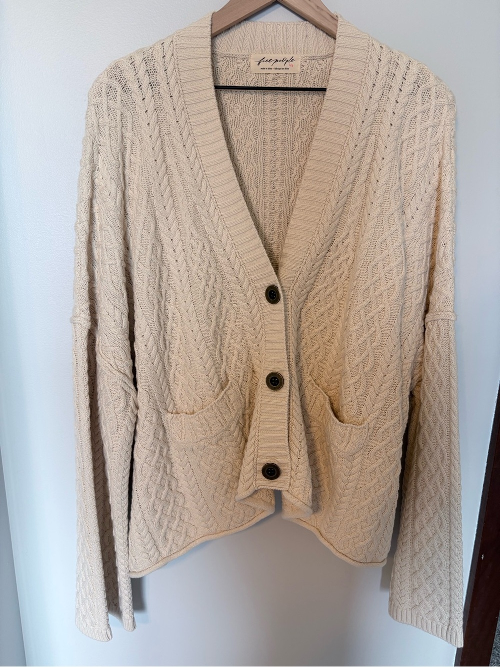 Free People Beige Cable-Knit Button Cardigan